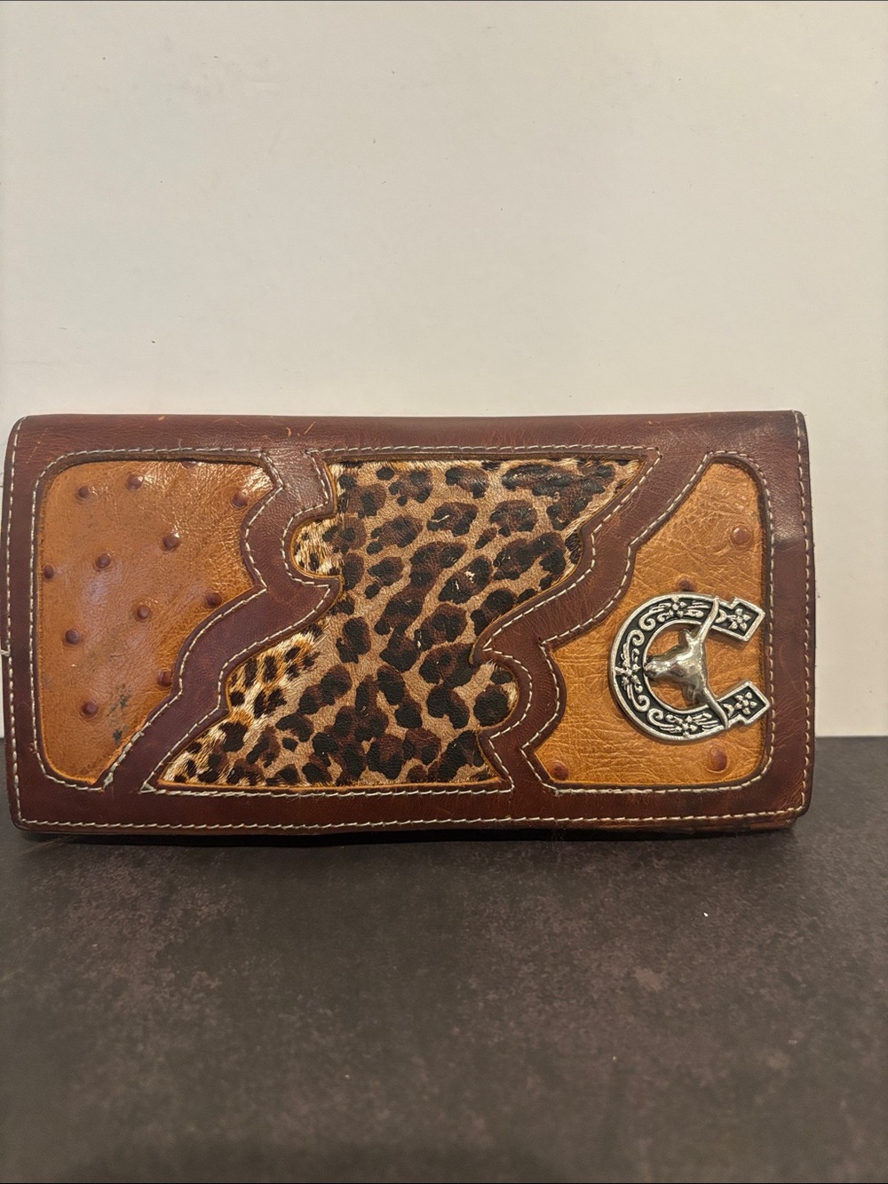 Western Rodeo Long Wallet Patchwork Ostrich Leopard Print Horseshoe Concho